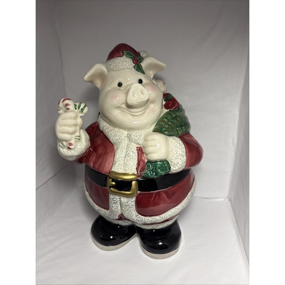 Omnibus Fitz and Floyd Pig Christmas / Holiday Cookie Jar W/ Lid Korea